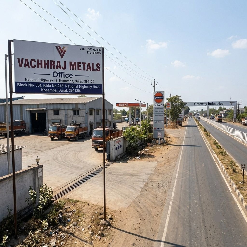 A roadside office signboard for Vachhraj Metals located along National Highway 8 in Kosamba, Surat, with parked trucks and an IndianOil petrol station in the background.