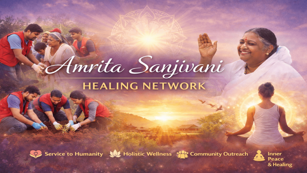 Amrita Sanjivani Healing Network showing volunteers planting trees, helping elders, Mata Amritanandamayi Devi blessing, and a woman meditating with glowing spiritual light
