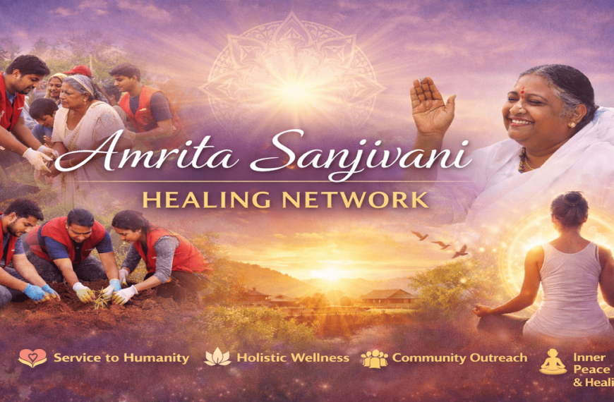 Amrita Sanjivani Healing Network showing volunteers planting trees, helping elders, Mata Amritanandamayi Devi blessing, and a woman meditating with glowing spiritual light