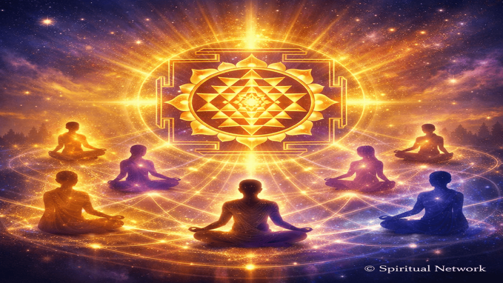 Glowing Sri Yantra at the center with meditating figures connected by luminous energy waves, representing a spiritual network and collective meditation
