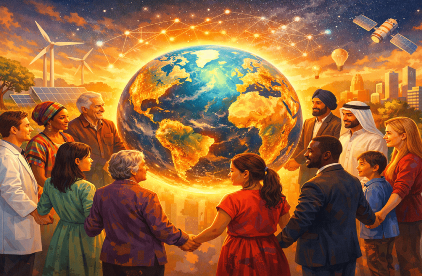 "Diverse group of people from different cultures, ages, and professions forming a circle around a glowing Earth, symbolizing Vasudhaiva Kutumbakam – the world is one family, with subtle icons of education, technology, environment, and innovation in the background."