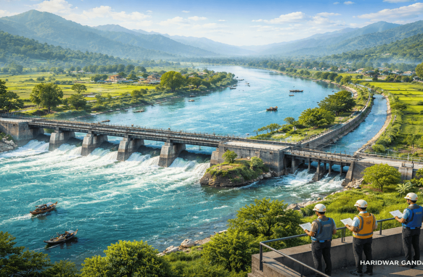 Haridwar Ganga Network with Bhimgoda Barrage, Upper Ganges Canal, farmland, boats, and riverbanks, morning mist, watermark 'sanatanboards.com