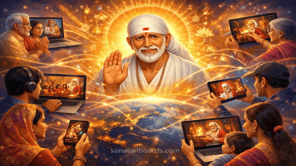 Illustration of Shirdi Sai Baba at the center radiating light, with devotees worldwide using laptops, tablets, and phones