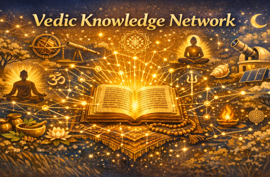 Glowing ancient Vedic manuscript connected to yoga, meditation, Ayurveda, and astronomy symbols representing the Vedic Knowledge Network