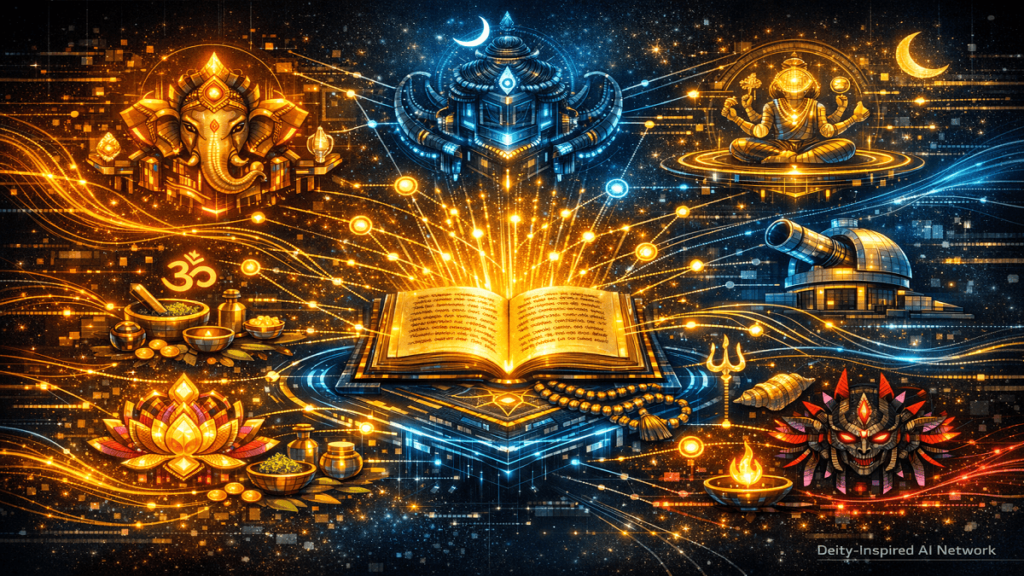 “Mystical network connecting glowing symbols of Hindu deities Ganesha, Shiva, Vishnu, Lakshmi, and Kali, represented as floating sigils linked by luminous threads, in a temple-like surreal environment.”