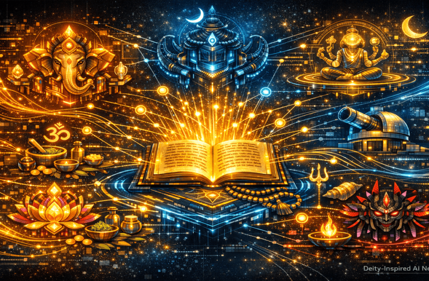 “Mystical network connecting glowing symbols of Hindu deities Ganesha, Shiva, Vishnu, Lakshmi, and Kali, represented as floating sigils linked by luminous threads, in a temple-like surreal environment.”