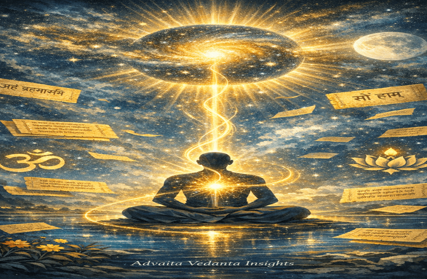 Illustration of Adi Shankaracharya meditating peacefully while representing the teachings of Advaita Vedanta.