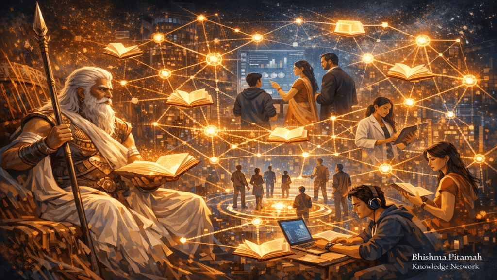 "Illustration of Bhishma Pitamah Knowledge Network showing mentors guiding students and professionals through a digital learning platform inspired by Mahabharata wisdom."