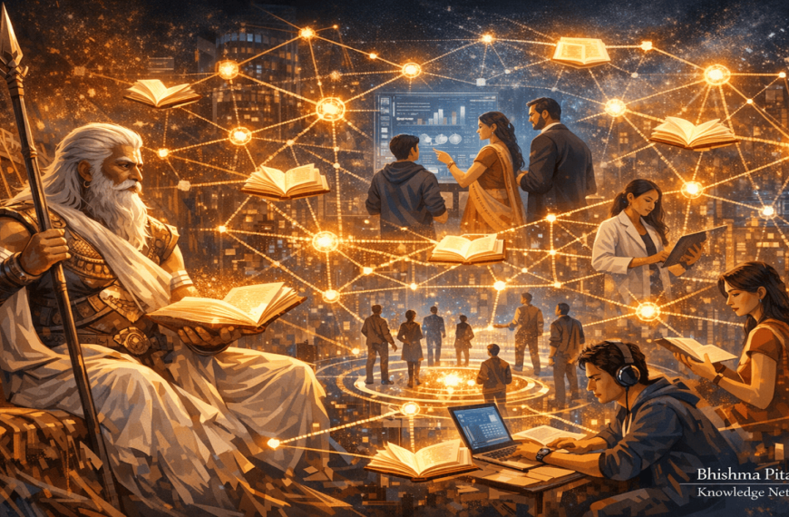 "Illustration of Bhishma Pitamah Knowledge Network showing mentors guiding students and professionals through a digital learning platform inspired by Mahabharata wisdom."