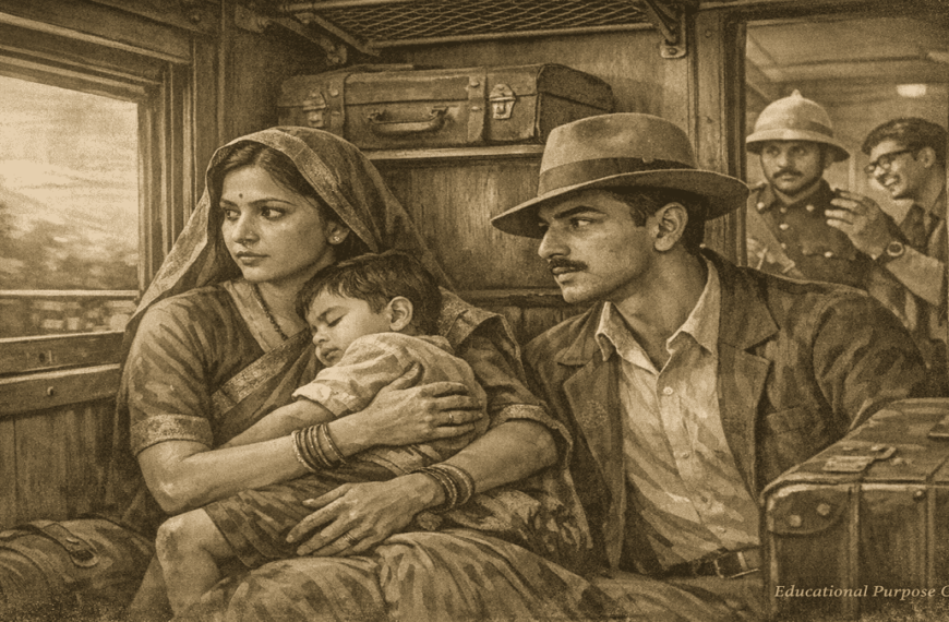 Durga Bhabhi disguised as a woman helping Bhagat Singh escape on a 1920s Indian train