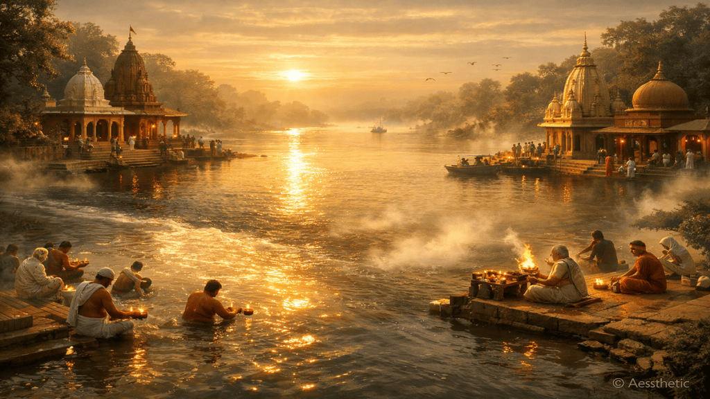 Triveni Sangam where Ganga, Yamuna, and invisible Saraswati rivers meet with pilgrims performing rituals at sunrise”