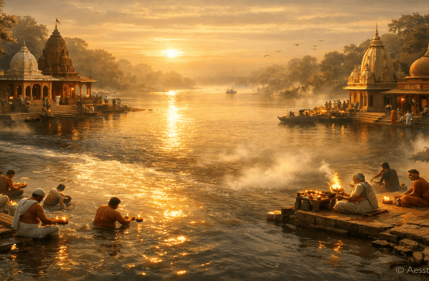 Triveni Sangam where Ganga, Yamuna, and invisible Saraswati rivers meet with pilgrims performing rituals at sunrise”