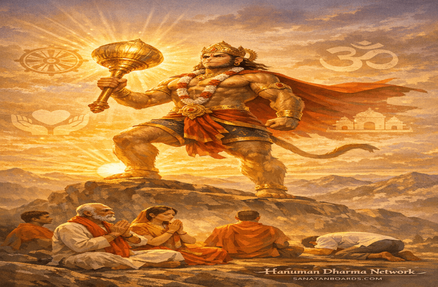 Illustration of Lord Hanuman standing heroically on a mountain cliff at sunrise, holding a glowing mace, surrounded by spiritual symbols and devotees in prayer.