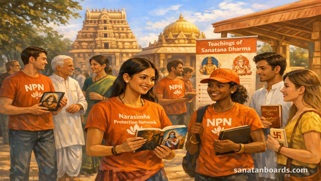 Diverse volunteers educating people about Sanatana Dharma near a traditional Indian temple