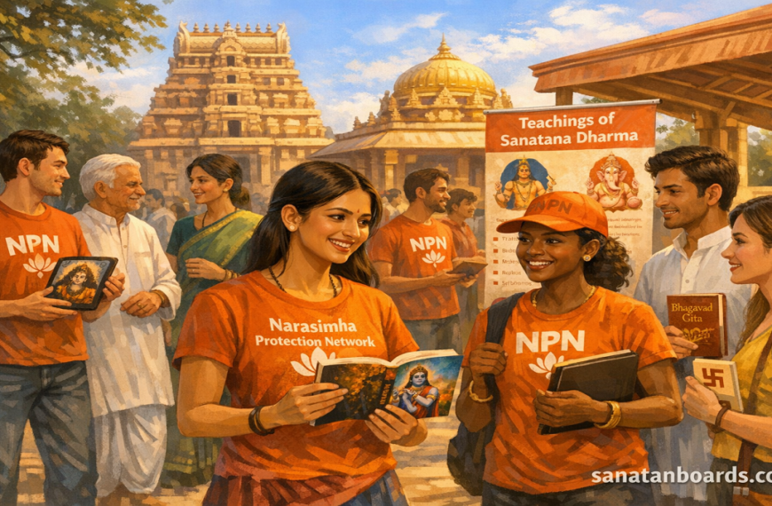 Diverse volunteers educating people about Sanatana Dharma near a traditional Indian temple