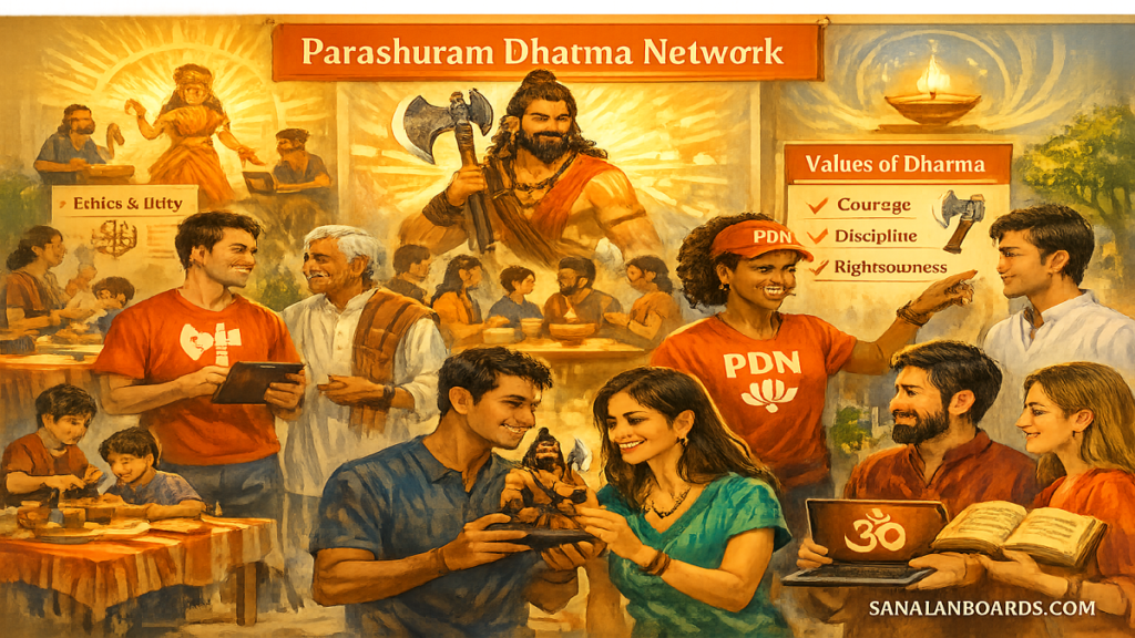 Diverse community learning Parashuram Dharma values in a vibrant hall