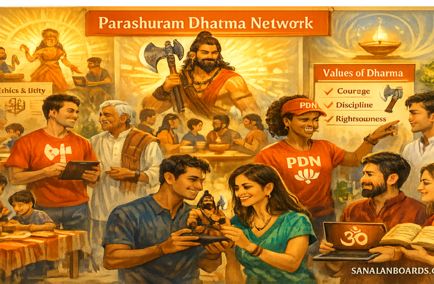 Diverse community learning Parashuram Dharma values in a vibrant hall