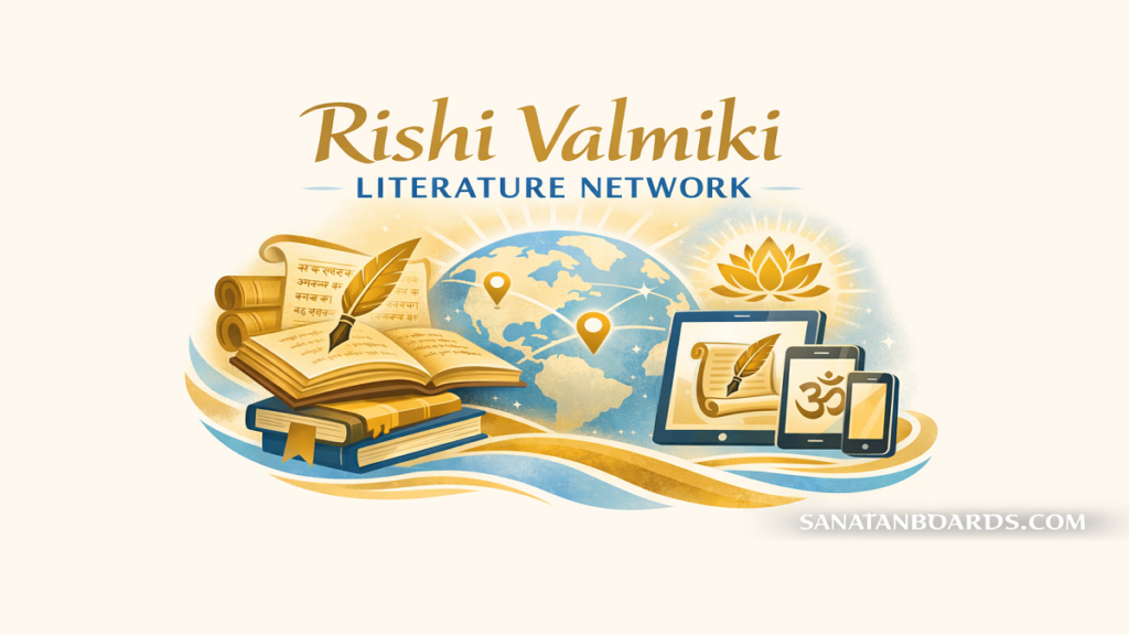 Abstract icons of books, scrolls, and devices representing literature and global learning
