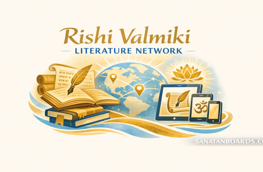 Abstract icons of books, scrolls, and devices representing literature and global learning