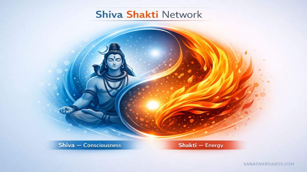 Infographic showing Shiva as consciousness and Shakti as energy in circular balance.