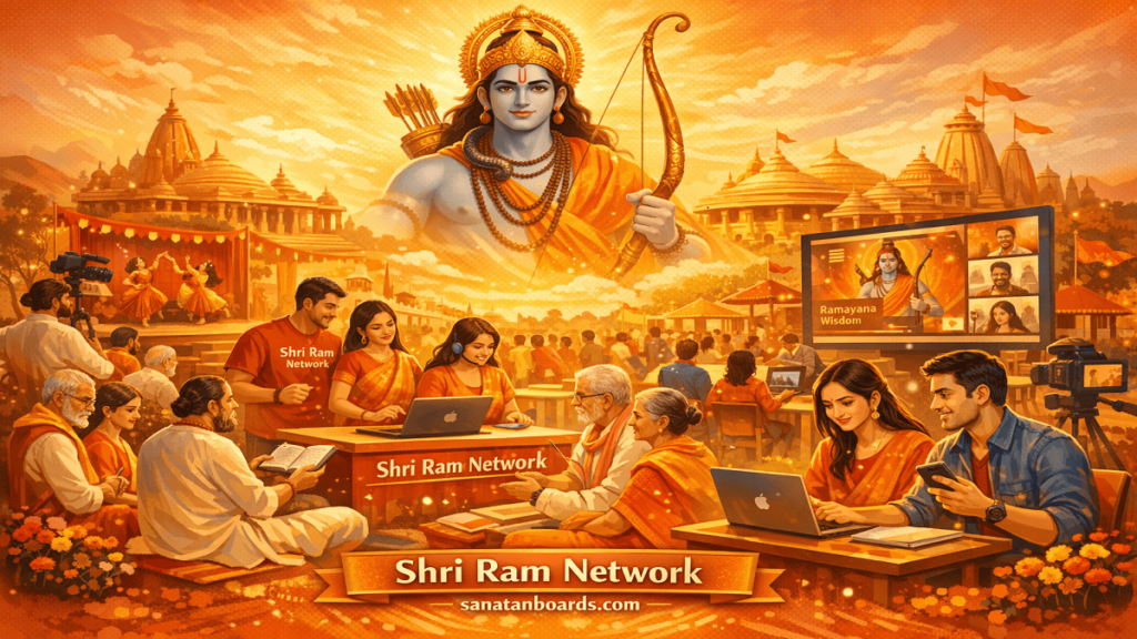 Digital scene of Shri Ram Network showing Lord Rama, temples, devotees, and digital engagement.