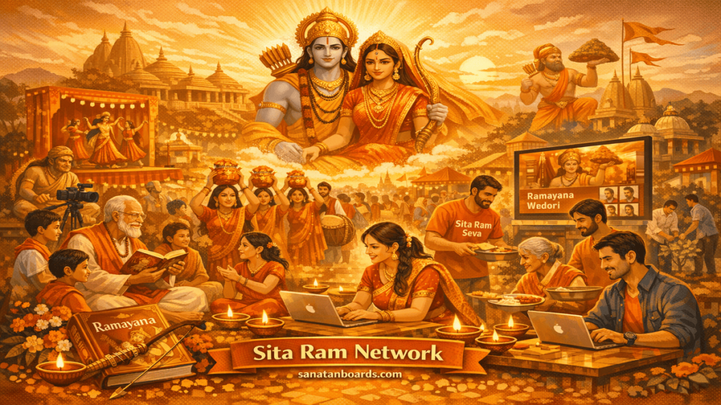 Illustration of Sita Ram Network with festivals, storytelling, and community service.