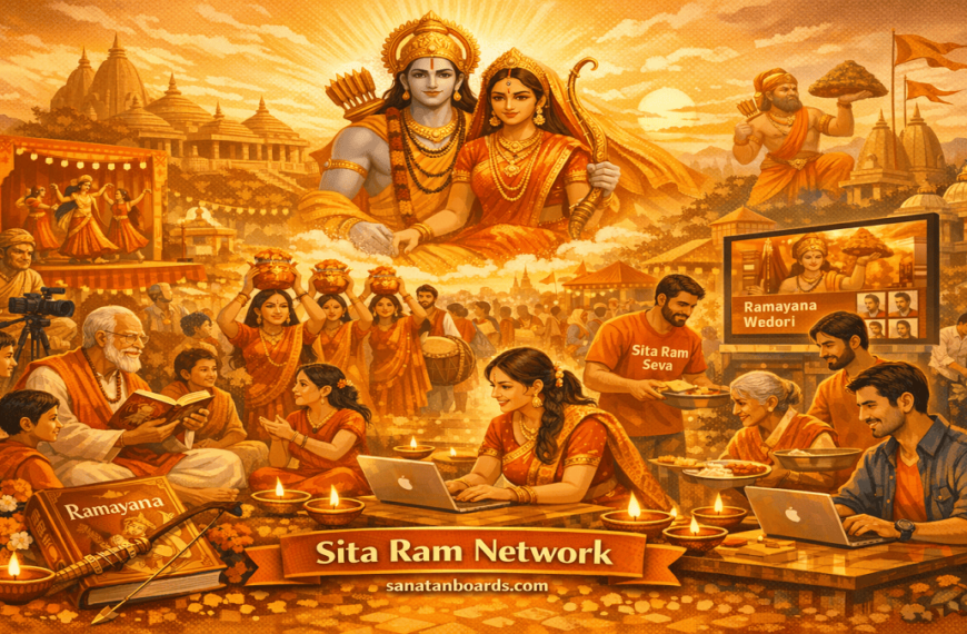 Illustration of Sita Ram Network with festivals, storytelling, and community service.
