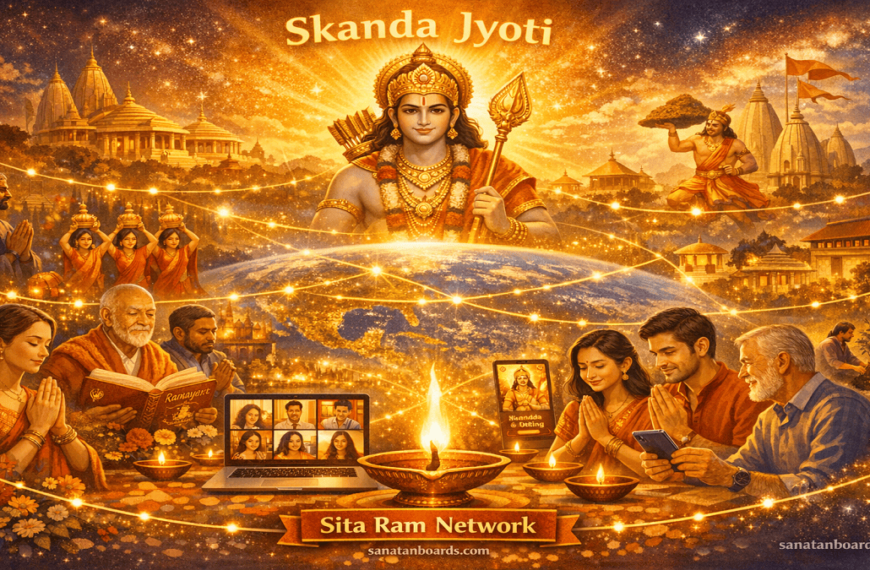 Digital illustration of Skanda Jyoti network with global devotees and glowing light threads.
