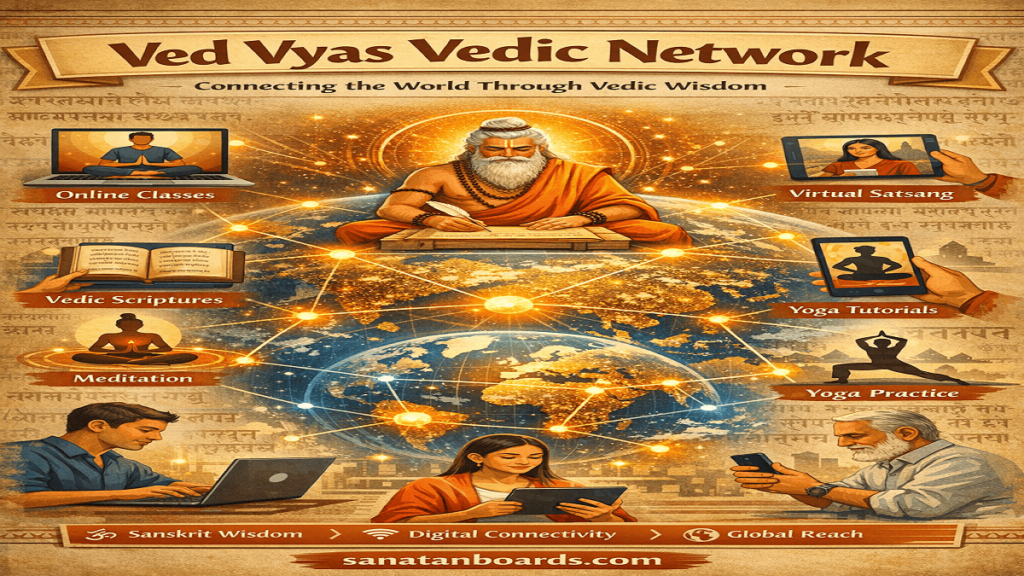 Infographic showing Ved Vyas connecting global users via digital devices and Vedic elements