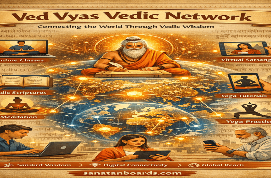 Infographic showing Ved Vyas connecting global users via digital devices and Vedic elements