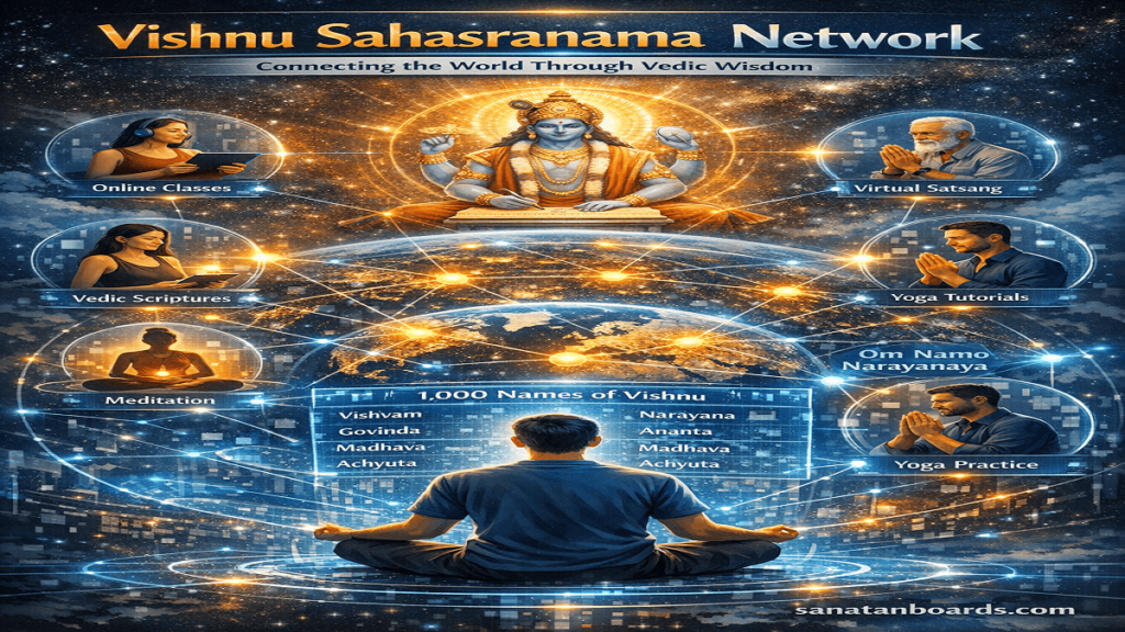 Meditator viewing Vishnu Sahasranama hologram connected to global devotees
