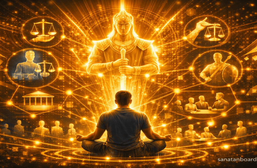 Futuristic network with glowing Yudhishthira and justice icons