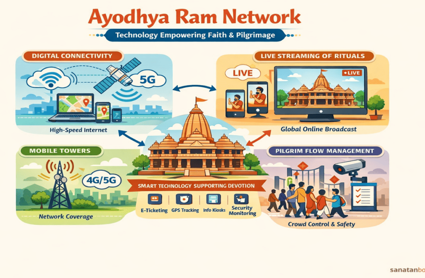 Infographic showing how digital technology supports spiritual activities in Ayodhya, including mobile towers, live-streaming rituals, and pilgrim management.
