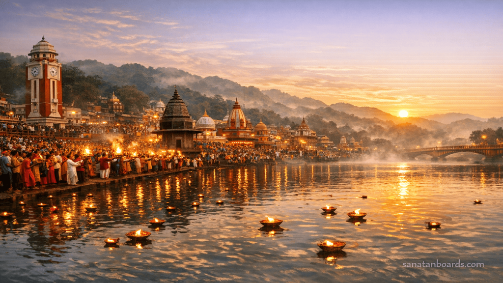 Panoramic sunrise view of Haridwar’s Har Ki Pauri ghat with devotees performing Ganga Aarti, floating diyas, temples, misty river, and Himalayan hills.