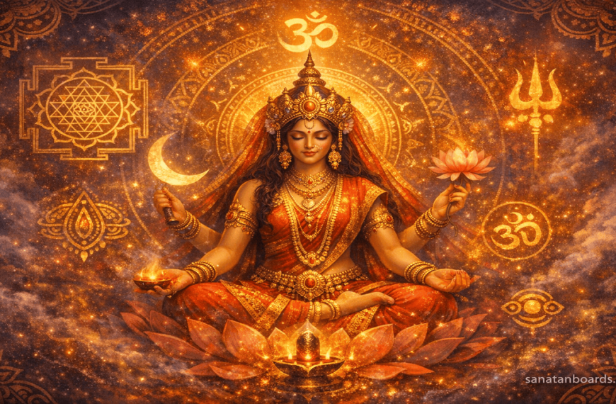 Goddess Kamakhya meditating amid cosmic energy, glowing yantras, sacred symbols, and divine aura with vibrant traditional Indian motifs.