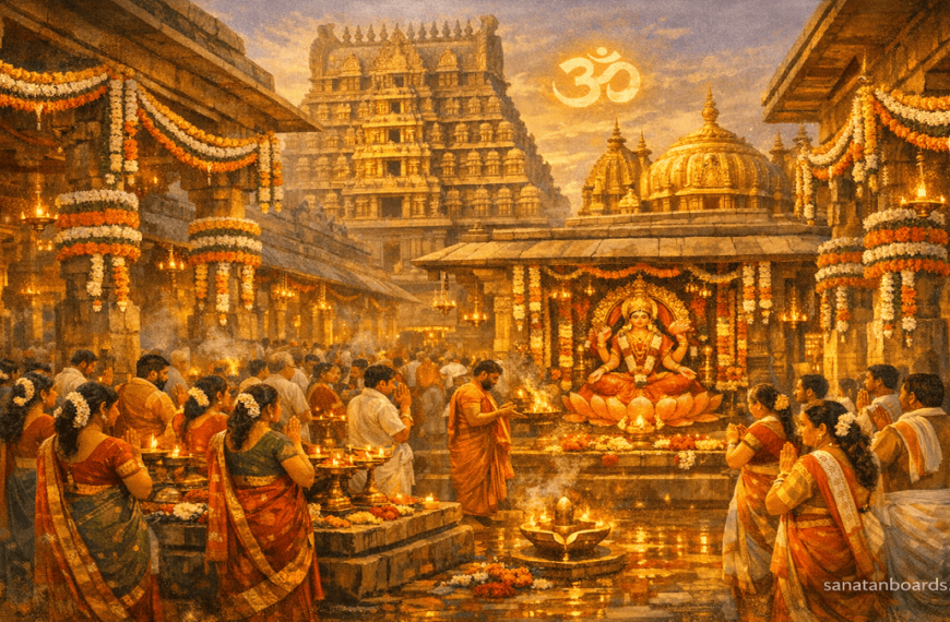 Devotees in traditional South Indian attire offer prayers at Kamakshi Amman Temple in Kanchipuram, with glowing lamps, flower garlands, and golden light illuminating Dravidian architecture.