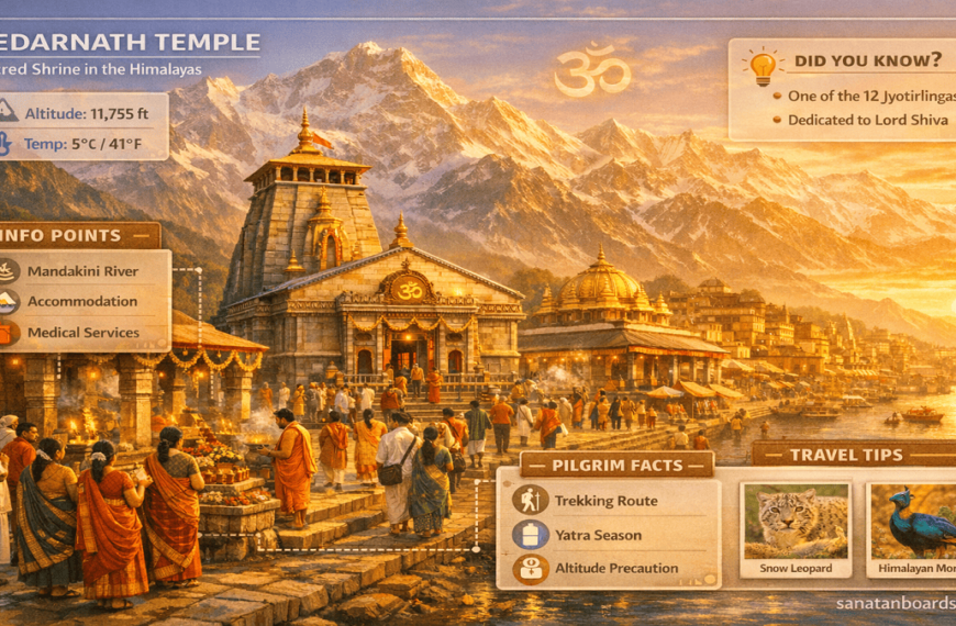 Educational view of Kedarnath Temple with Himalayan mountains and pilgrims, featuring ‘sanatanboards.com’ watermark.