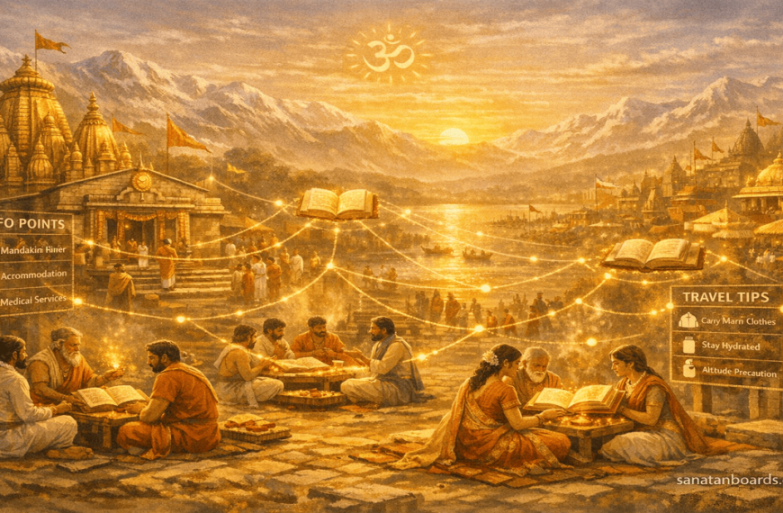 Spiritual scene on the Kurukshetra battlefield with groups of people studying Dharma, glowing books and scrolls connected by ethereal light, and Krishna guiding Arjuna’s chariot in the background.
