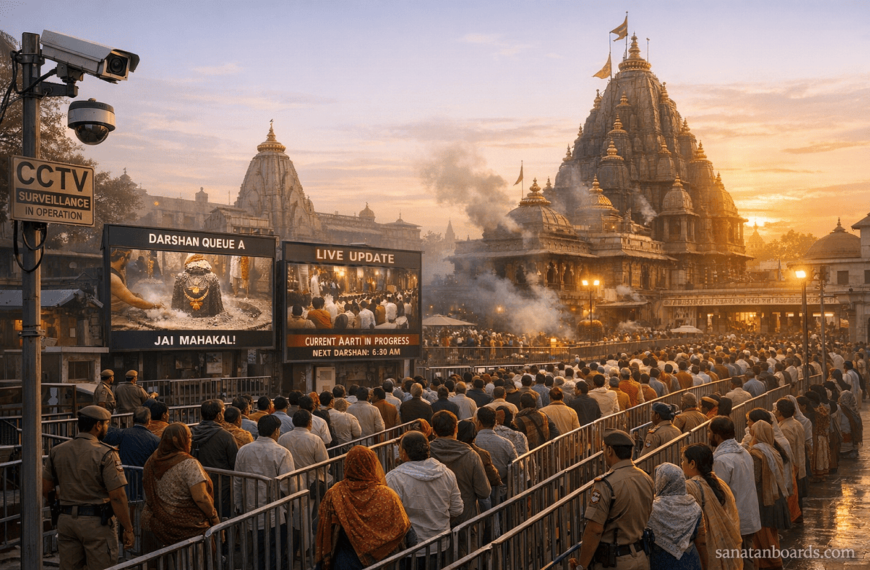 Mahakaleshwar Temple during Bhasma Aarti with digital screens and devotees
