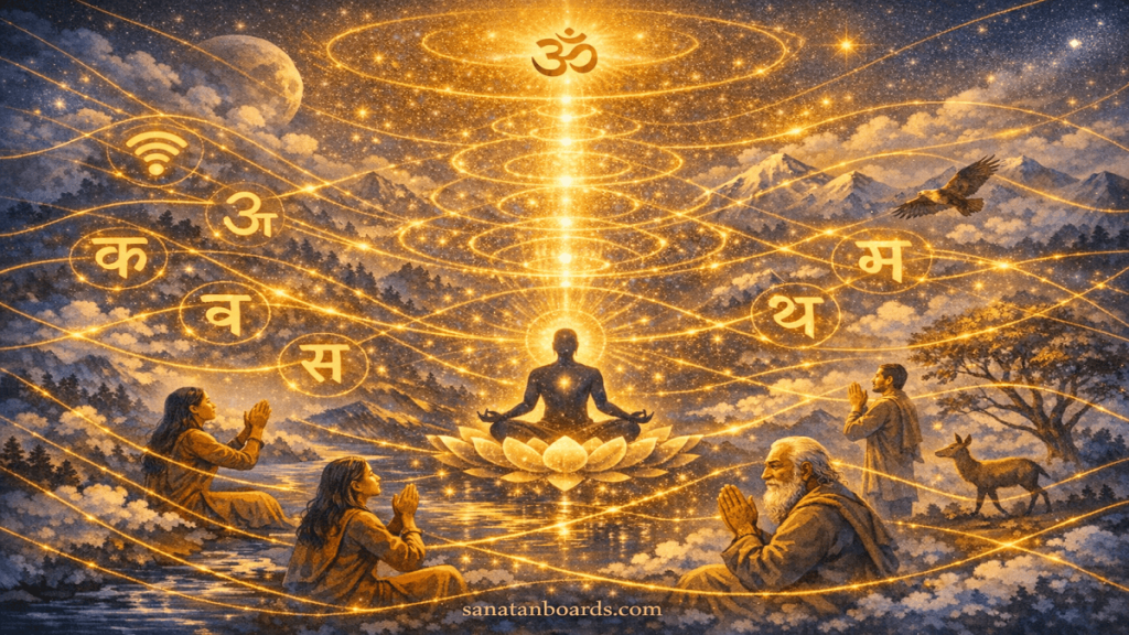 Meditating figure with Sanskrit letters and cosmic energy threads