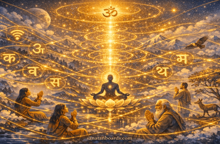 Meditating figure with Sanskrit letters and cosmic energy threads