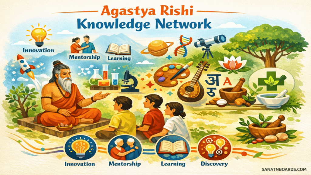 Infographic of Agastya Rishi teaching students outdoors, surrounded by icons of science experiments, creative arts, language scripts, and traditional medicine, with bright colors and SANATNBOARDS.COM watermark.