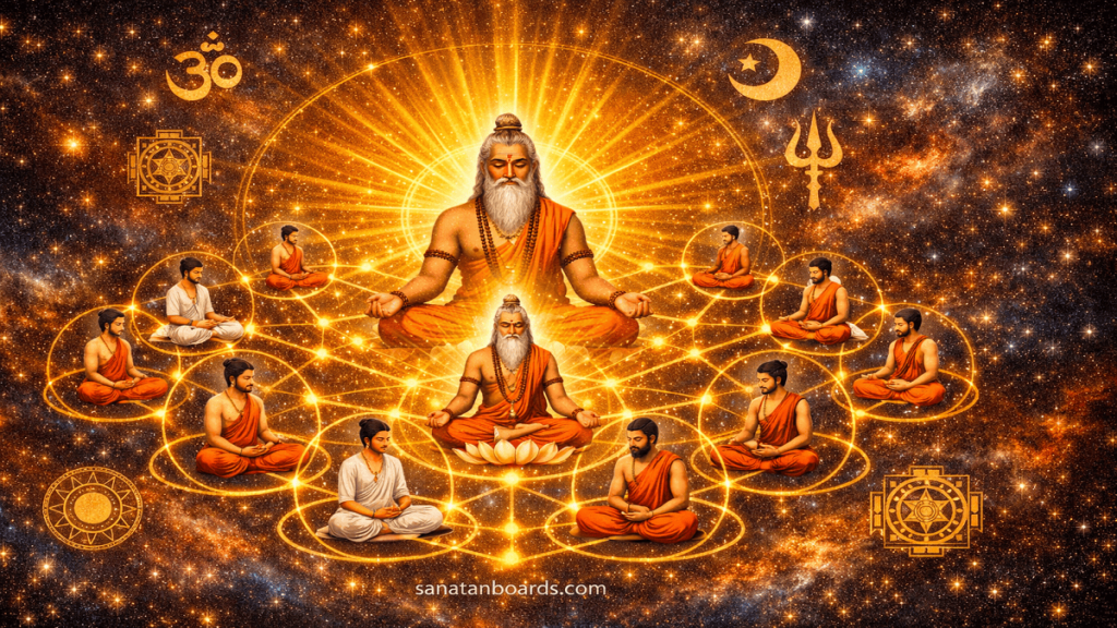 Ultra-detailed digital artwork of Atri Rishi glowing at the center, surrounded by interconnected circles of meditating disciples, set against a cosmic background with stars and Vedic symbols. Divine light radiates wisdom, and a subtle watermark “sanatanboards.com” appears at the bottom center.