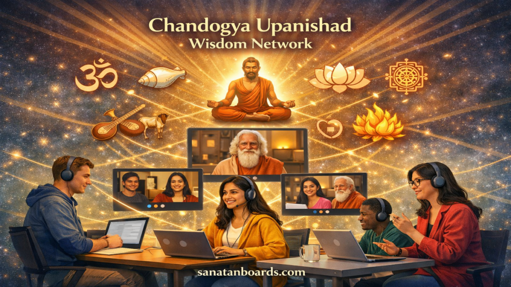 Students connecting online in a virtual Chandogya Upanishad Wisdom Network classroom.
Floating Vedic symbols and light rays representing knowledge and consciousness.
