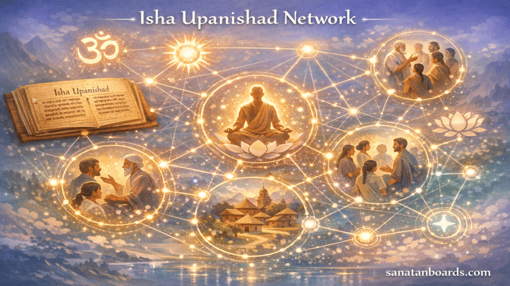 Modern educational illustration of Isha Upanishad Network showing interconnected nodes representing students, teachers, and communities exchanging spiritual and ethical knowledge.