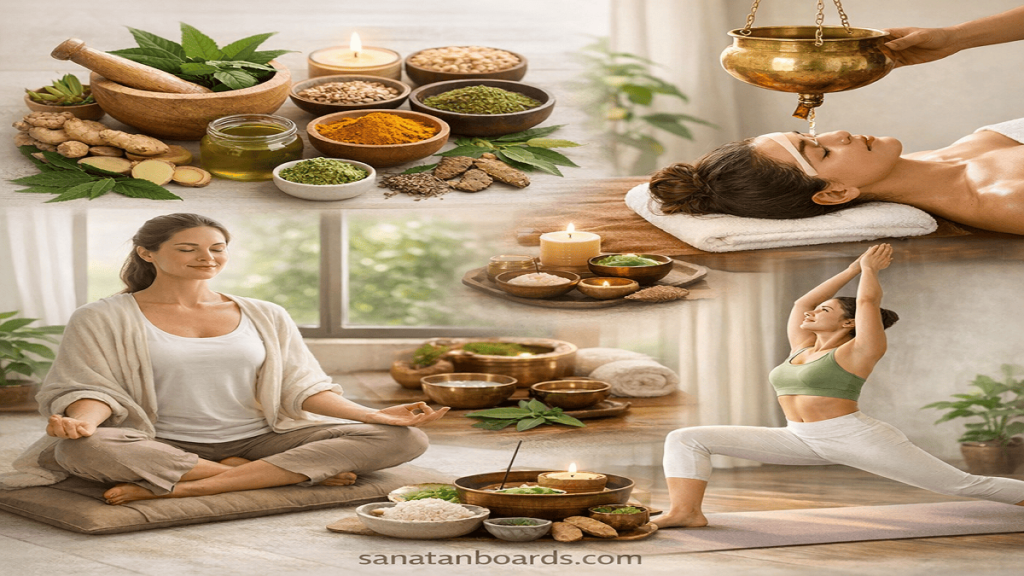 Wellness scene showing meditation, yoga, herbal remedies, and Panchakarma therapy inspired by Ayurveda.