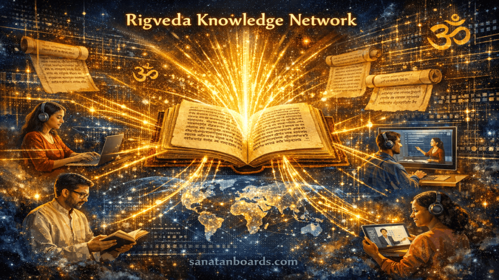 Open Rigveda book with light rays transforming into digital streams connecting learners globally, symbolizing knowledge sharing.