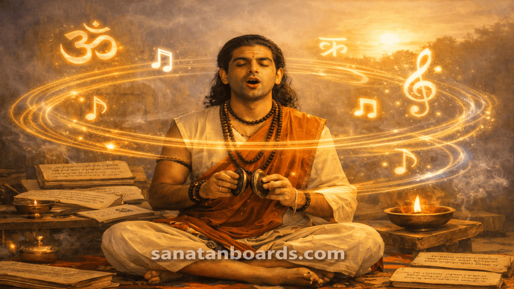 Person meditating with Sama Vedic chants and glowing musical symbols.