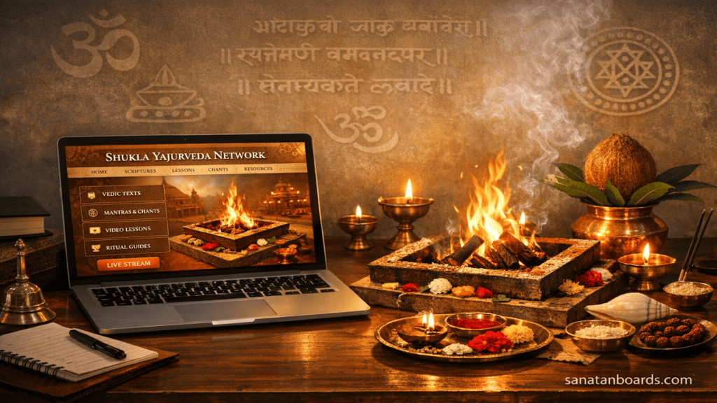Shukla Yajurveda Network digital interface next to Vedic altar, watermark sanatanboards.com