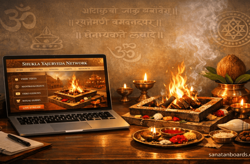 Shukla Yajurveda Network digital interface next to Vedic altar, watermark sanatanboards.com